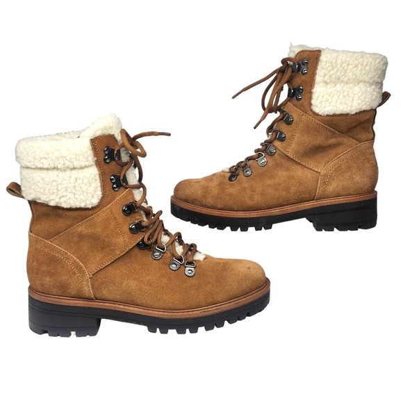 Marc Fisher Boots 9 Brown Leather Suede Combat Faux Shearling Fur Mid Calf Lace - Picture 1 of 12